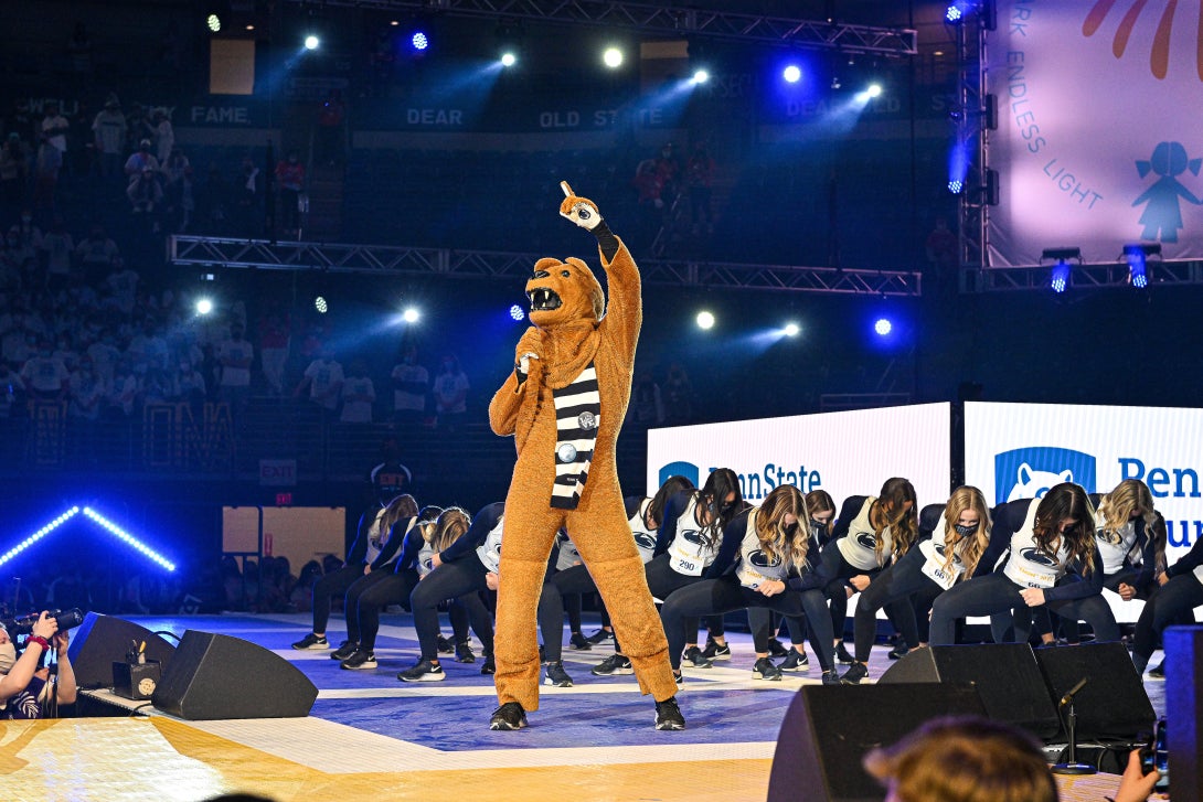 Penn State’s Nittany Lion mascot leads a dance at the THON fundraising event.