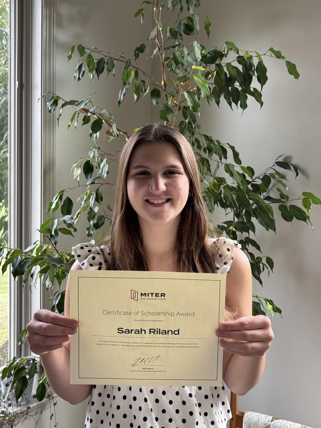 MITER Foundation Scholarship recipient Sarah Riland will attend Lebanon Valley College in Annville, PA this fall.