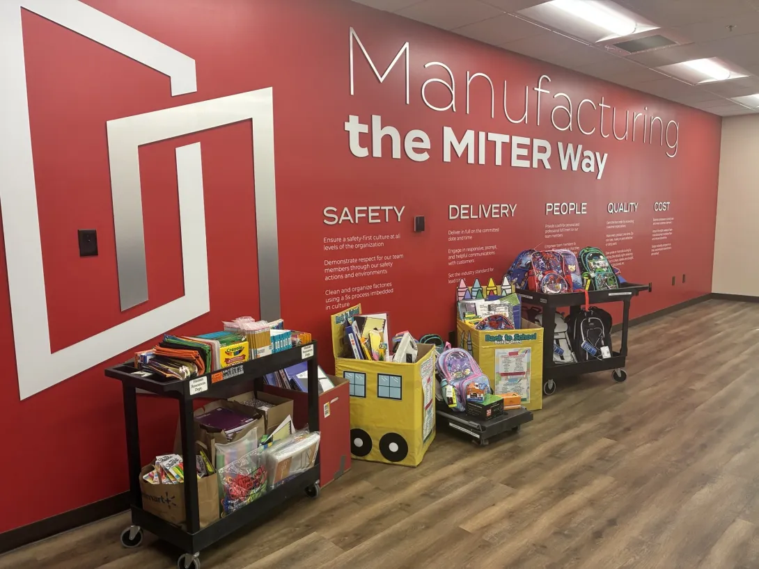 Milgard team members and MITER Foundation contributed backpacks, school supplies, and gift cards for 44 local students.